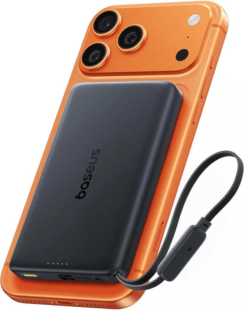 Baseus Picogo AM52 magnetic power bank attached to the back of an iPhone