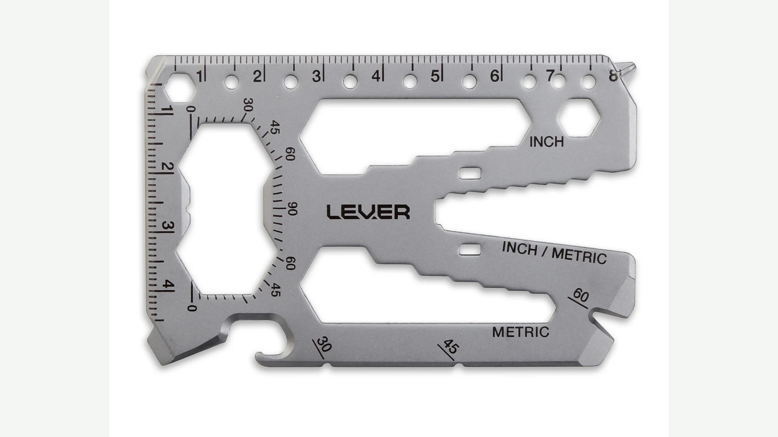 Silver Lever Gear Toolcard Pro with rulers, wrench cutouts and pry edge