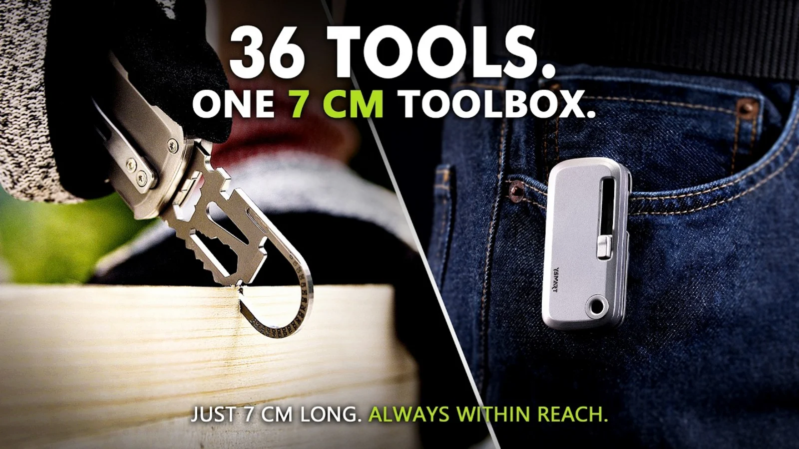YSMART TOOLT multitool opened against wood beside the closed silver tool clipped to a jeans pocket