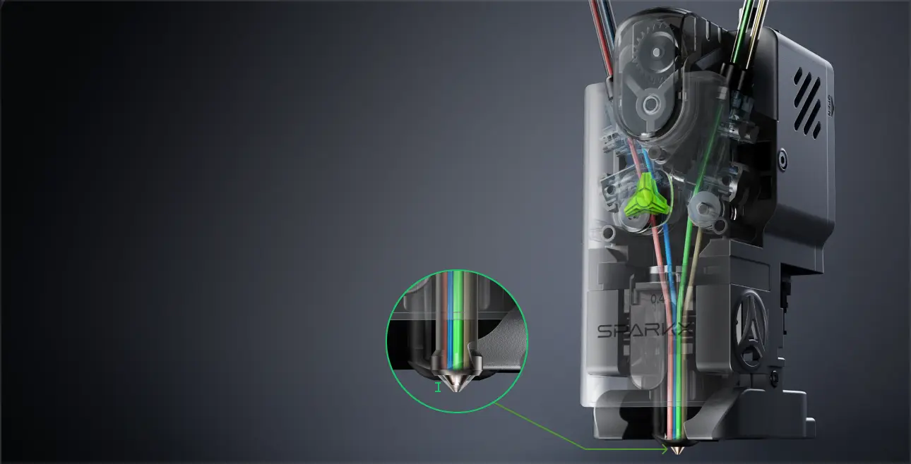 Creality SPARKX i8 four-color 3D printer demonstrating its QuarTeks toolhead