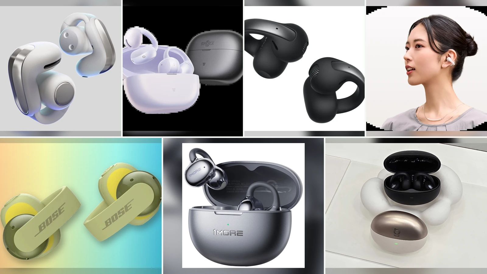 Seven open-ear earbud models arranged in a comparison collage