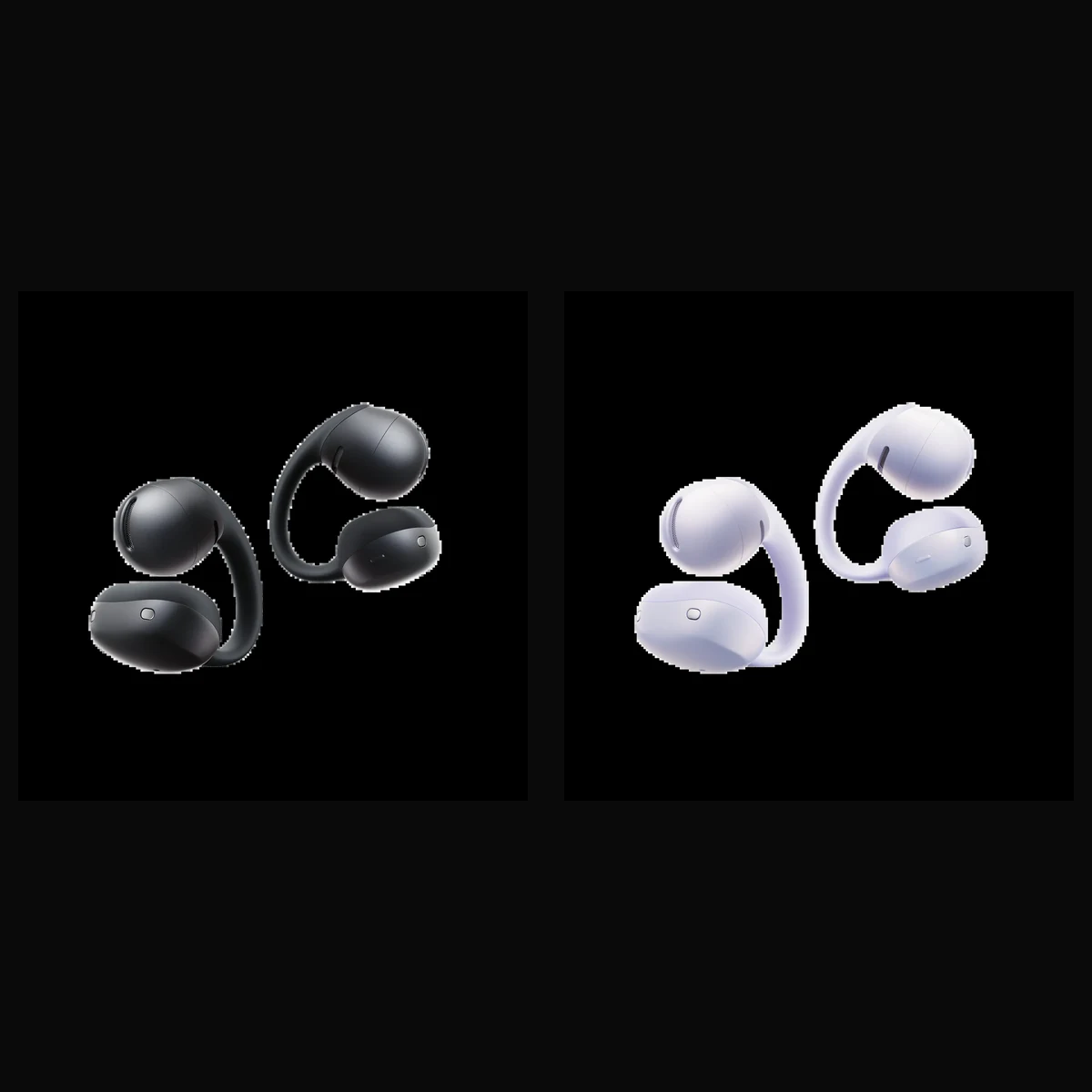 Shokz OpenDots Air clip-on earbuds in Black and Purple finishes