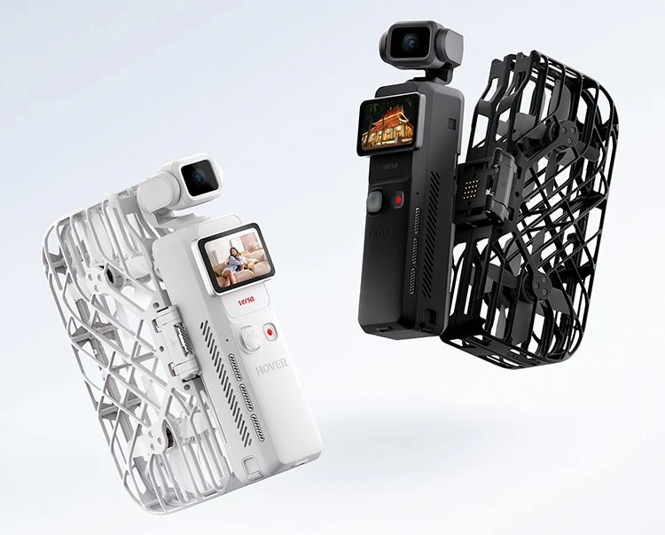 White and black HOVERAir Versa cameras attached to their protective flying cages