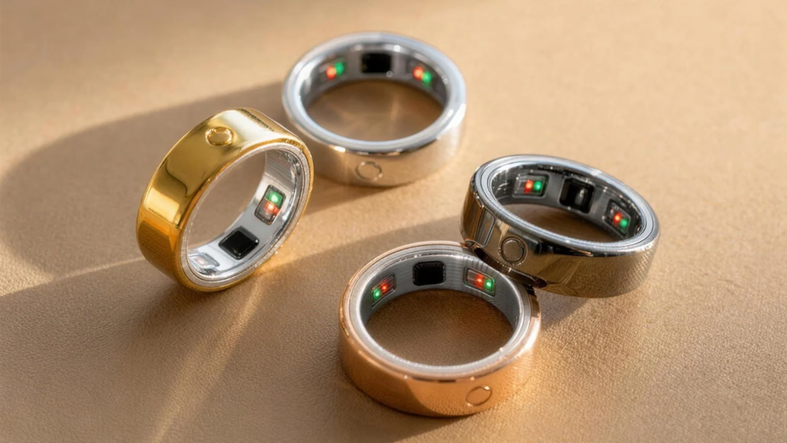 Circular smart rings in gold, silver and dark finishes showing their internal sensors