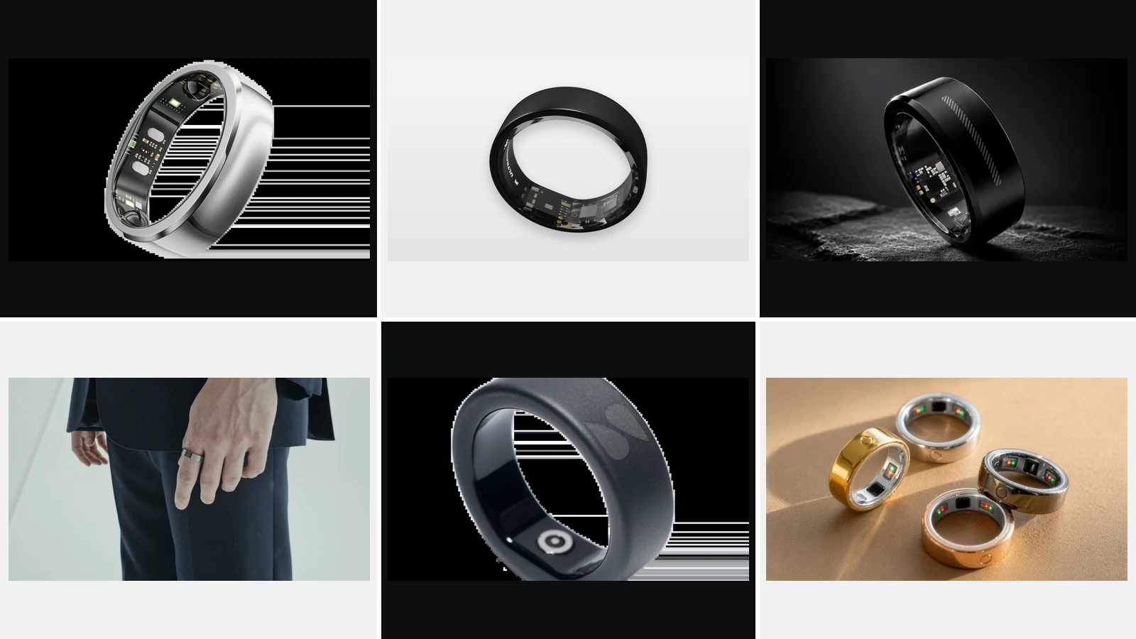 Six smart rings from RingConn, Ultrahuman, KiWear, Even Realities, Spark and Circular arranged in a six-panel comparison
