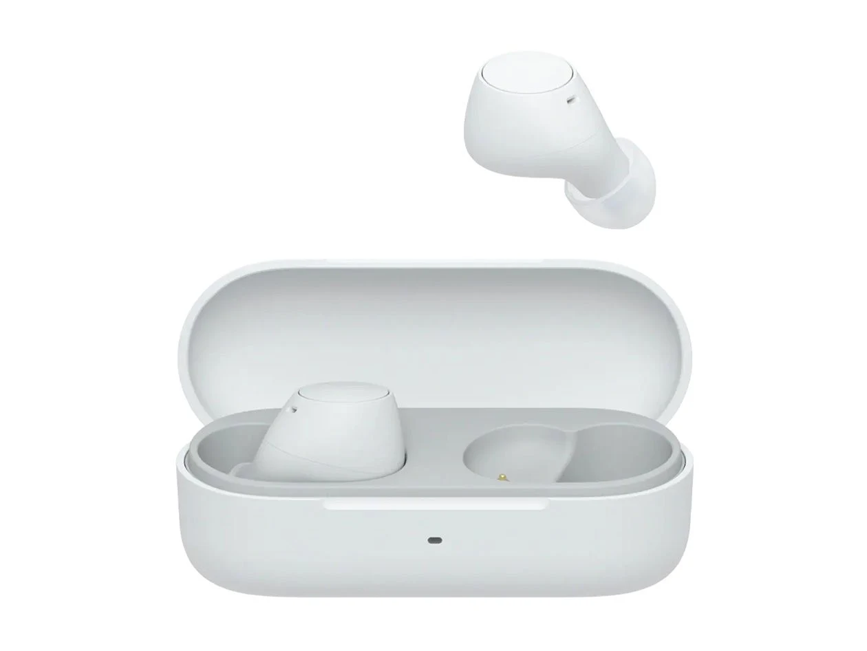 White Sony WF-C510 wireless earbuds beside their compact charging case