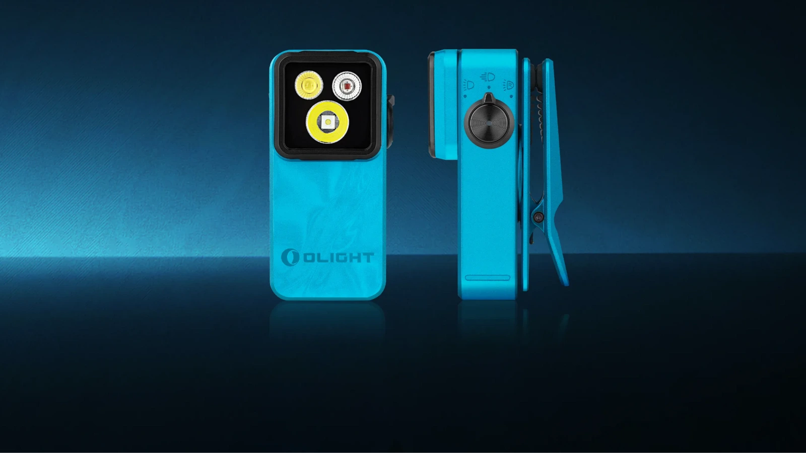 Olight Oclip 2 Pro clip-on work lights in black, blue and orange