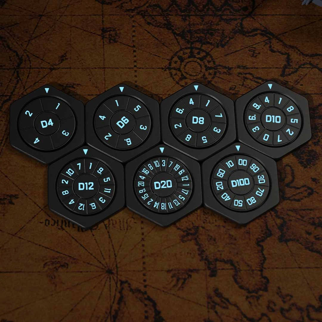 HEXFORME DICE — seven ultra-thin hexagonal magnetic spinner dice (D4 through D100) snapped into a honeycomb cluster