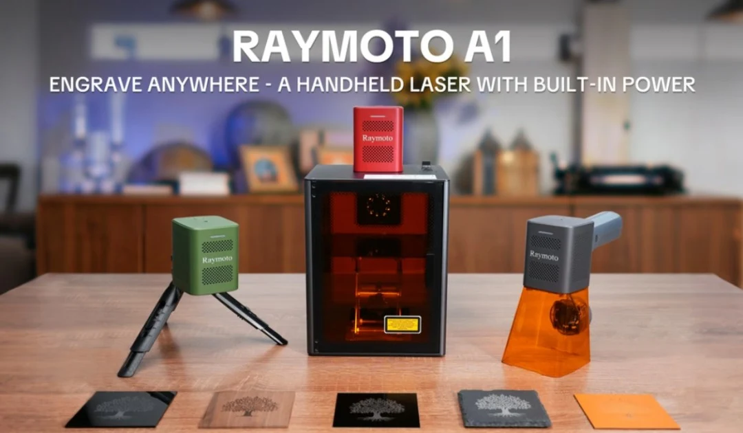 Raymoto A1 handheld galvo laser engraver in green, red, and black colorways shown with tripod, handheld, and protective-cover modes