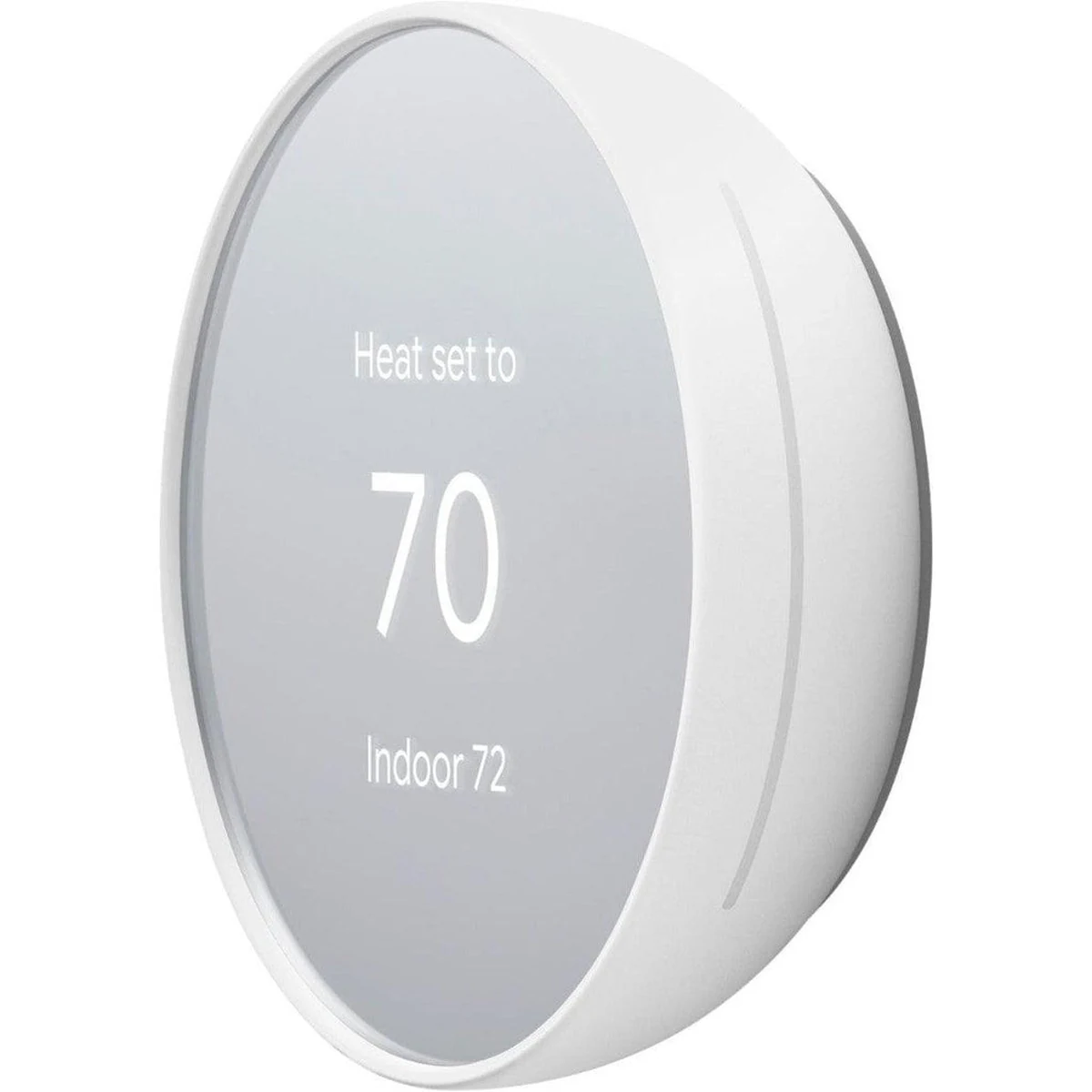 Google Nest Thermostat in Snow showing a heat setpoint on its mirrored display