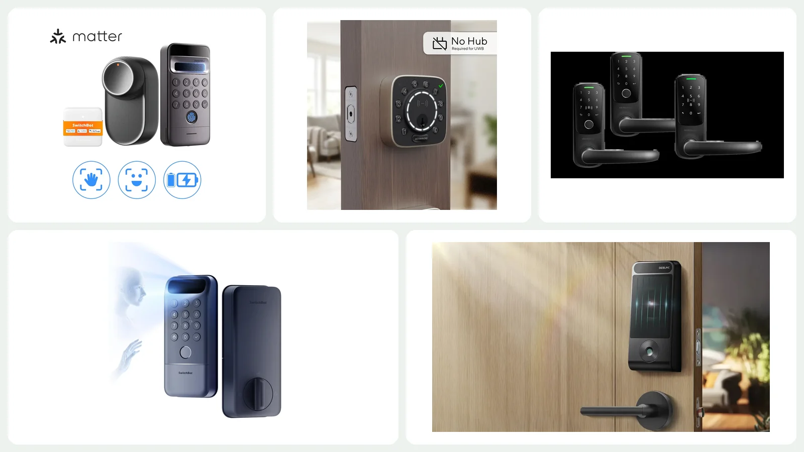 Five 2026 smart locks compared: palm-vein biometrics, 3D face unlock, Matter and Aliro connectivity