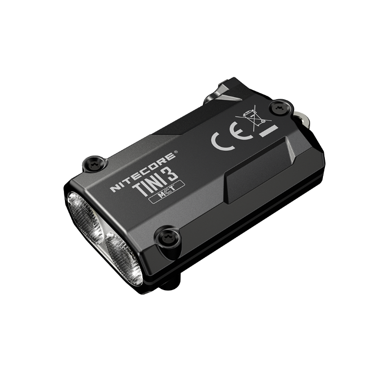 Nitecore TINI 3 keychain flashlight in gray showing its OLED status display